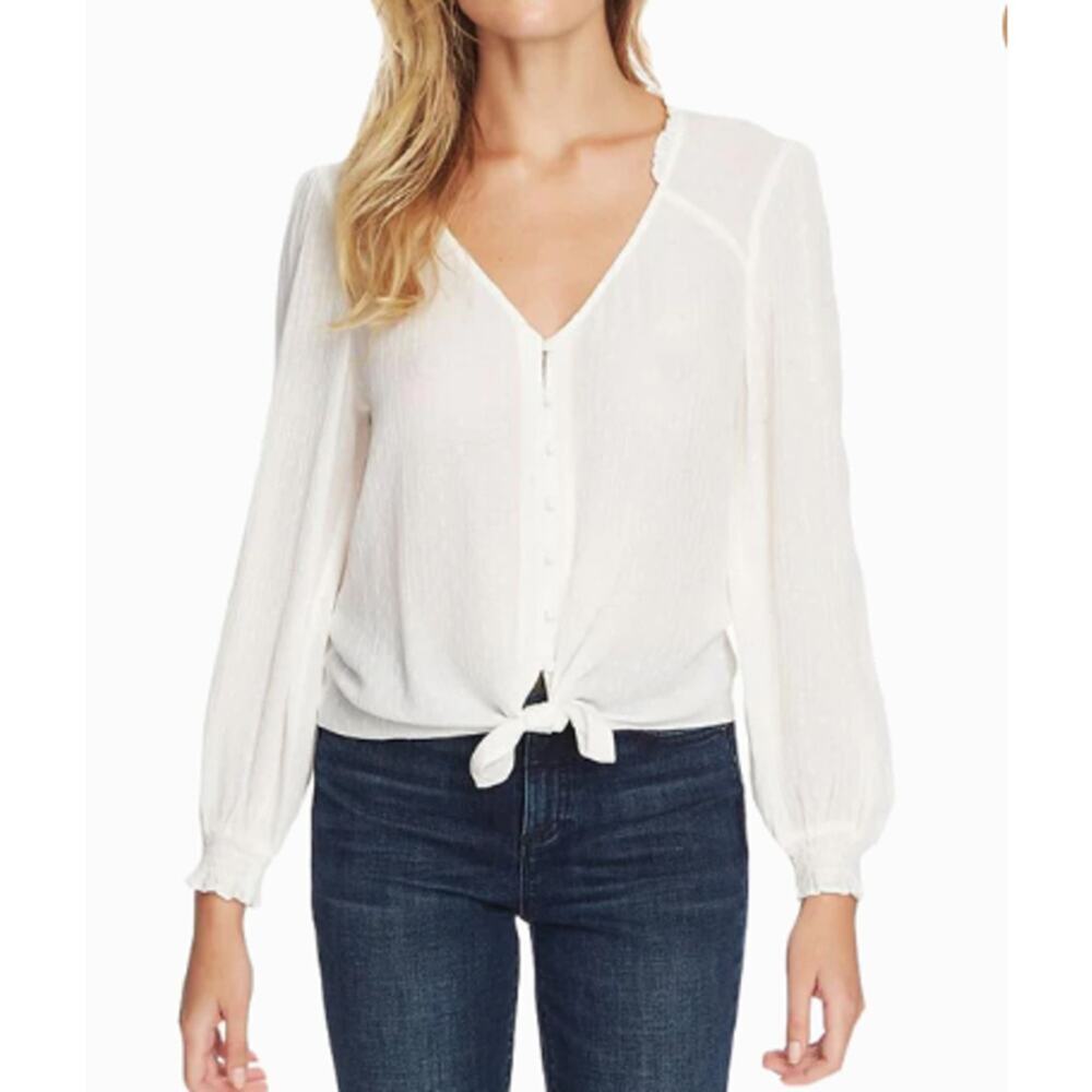1. State Women's Long Sleeve Sheer Windowpane Tie Front Blouse Ivory NWT - Picture 8 of 8